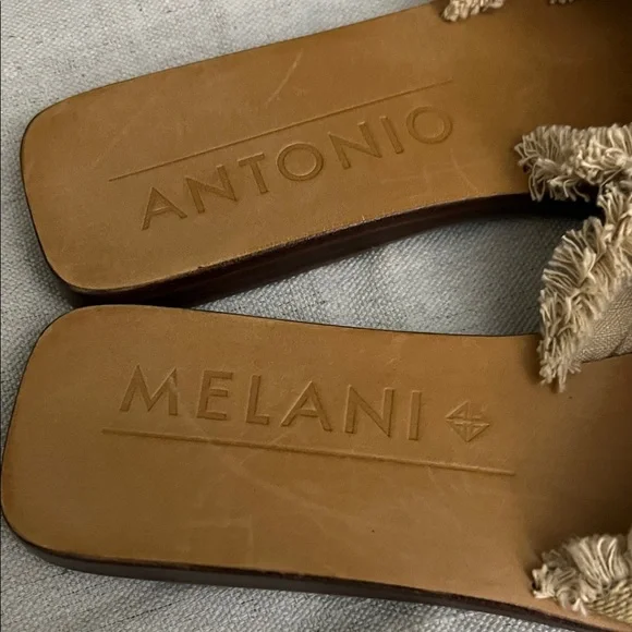 ANTONIO MELANI Frayed Edge Tan Sandals boho Slides - Picture 6 of 8